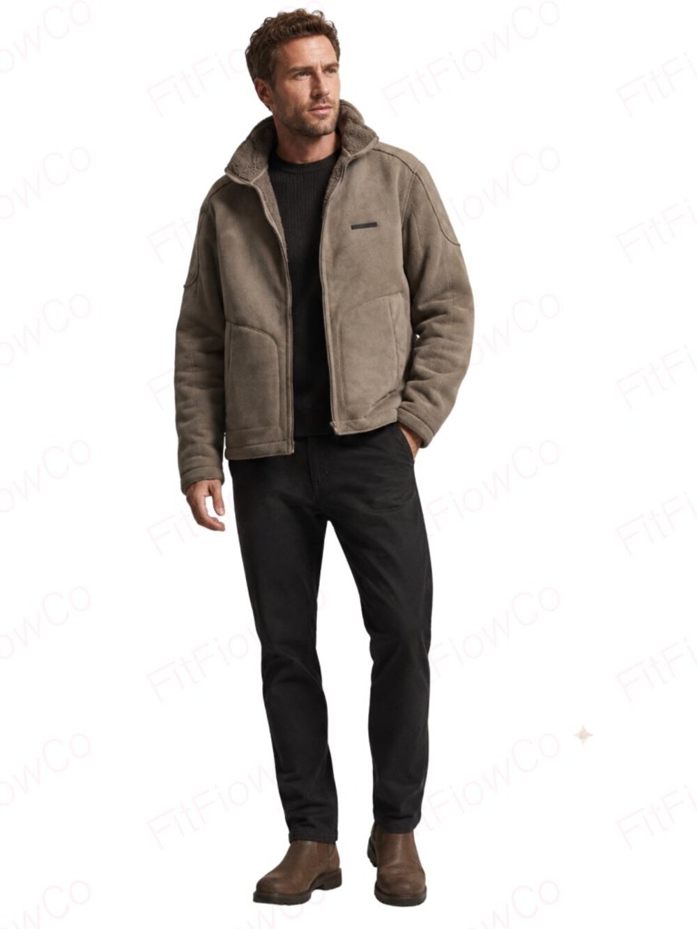 Duck and Cover Men’s L Tan Faux Suede Sherpa Lined Zip Jacket